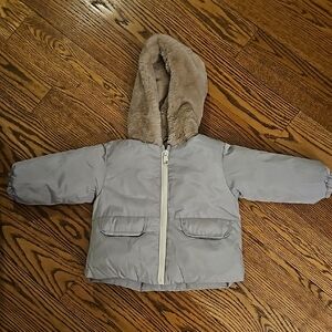 SOLD**Light Green Hooded Winter Jacket with Faux Fur Trim